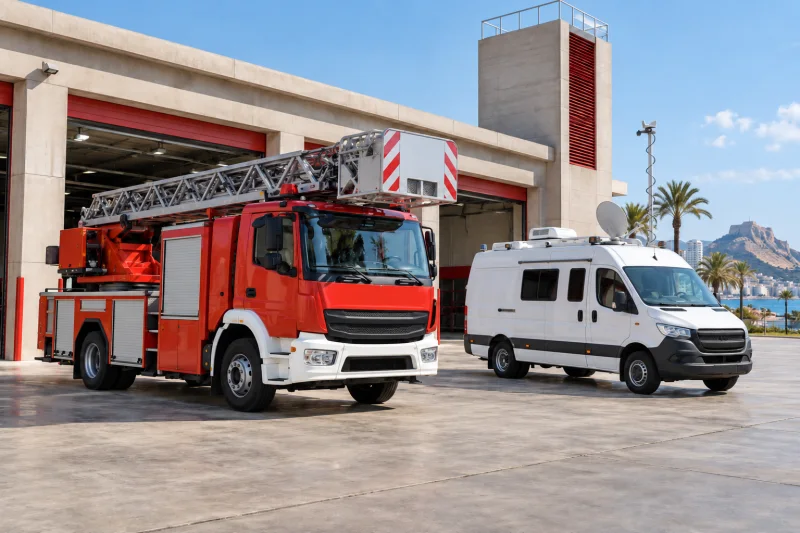Ilustración genérica de un camión de bomberos con escalera y un vehículo de mando ante un parque de bomberos.