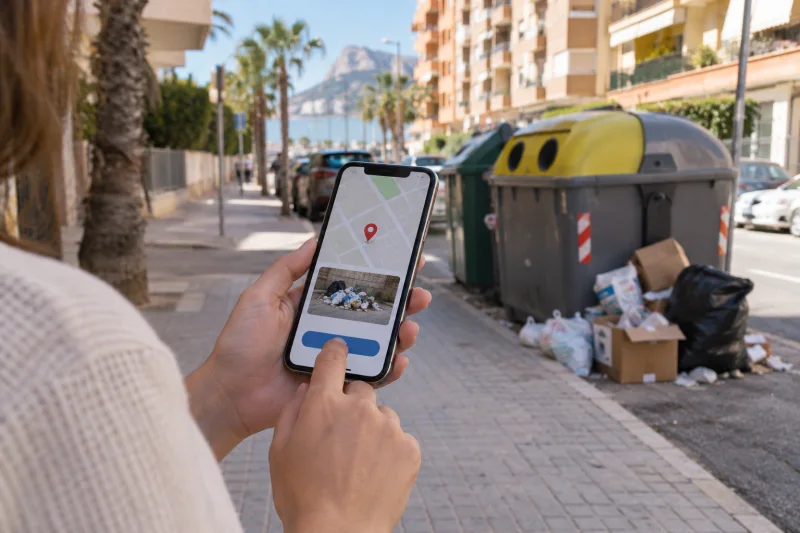 Una mano sostiene un móvil con un mapa genérico frente a contenedores de reciclaje y bolsas junto a una acera.