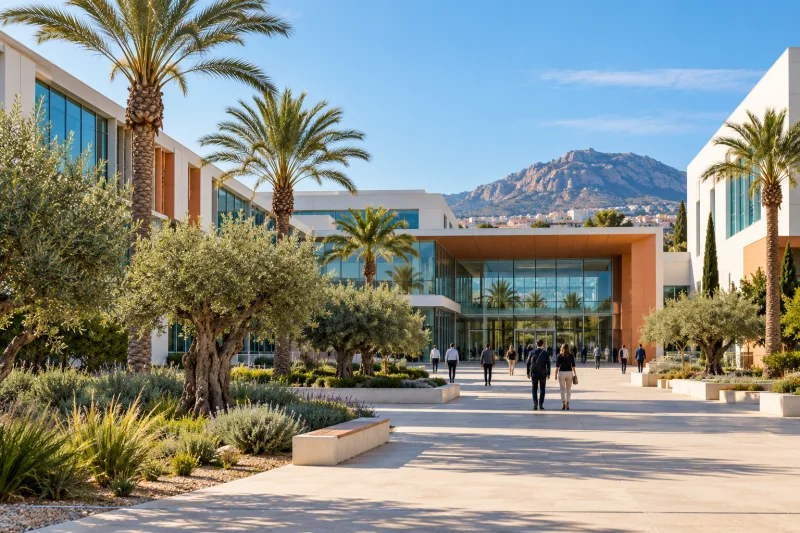 Vista ilustrativa de un campus universitario mediterráneo con asistentes a distancia frente a un edificio moderno.