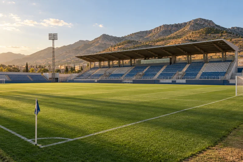 Estadio de fútbol genérico al pie de una sierra mediterránea, con césped en primer plano y gradas vacías bajo la luz de la tarde.