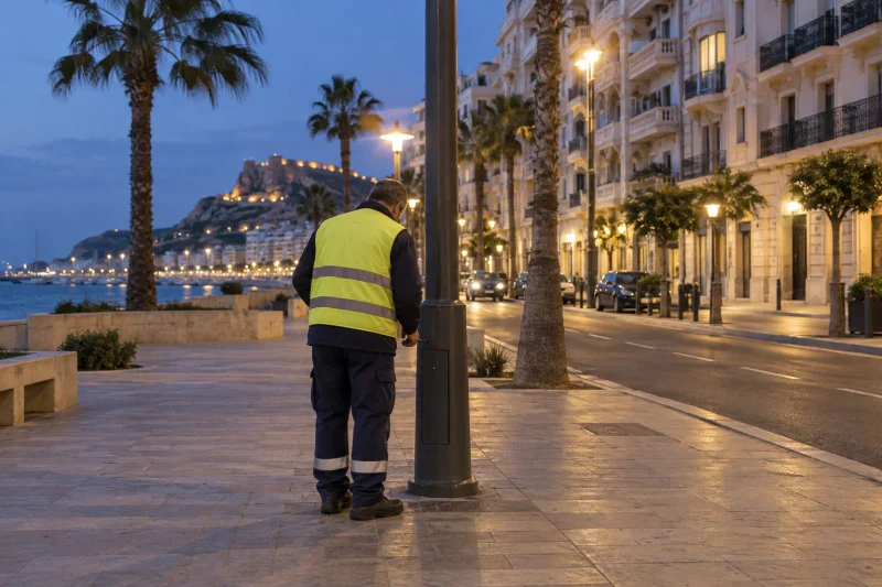 Un técnico con chaleco reflectante revisa la base de una farola en una avenida costera de Alicante, con palmeras y edificios iluminados al fondo.