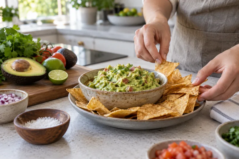 Cuenco de guacamole rodeado de totopos sobre una encimera, con manos que preparan la comida.