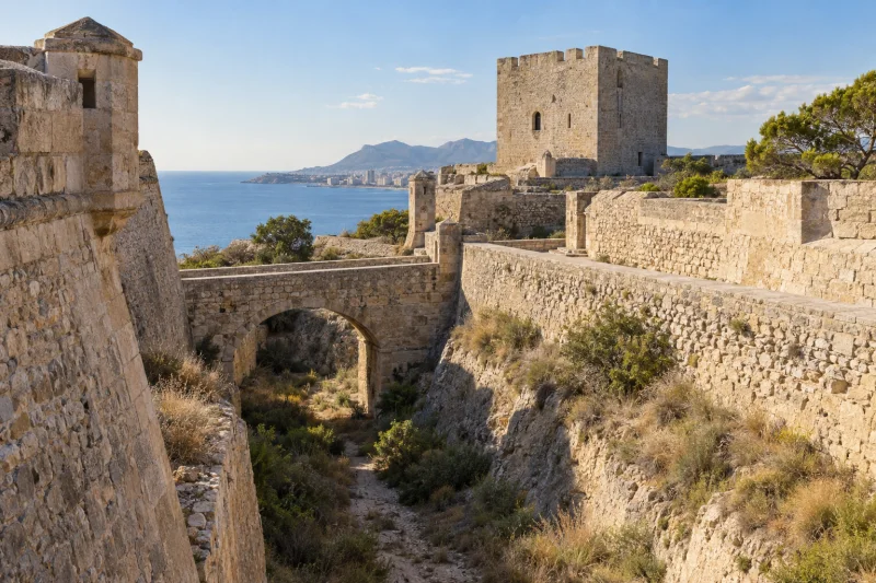 Muralla de piedra clara y puente sobre un foso en una fortaleza mediterránea, con una torre y el mar al fondo.