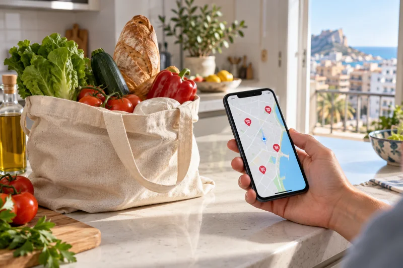 Una bolsa reutilizable con alimentos frescos junto a un teléfono que muestra un mapa genérico de tiendas.