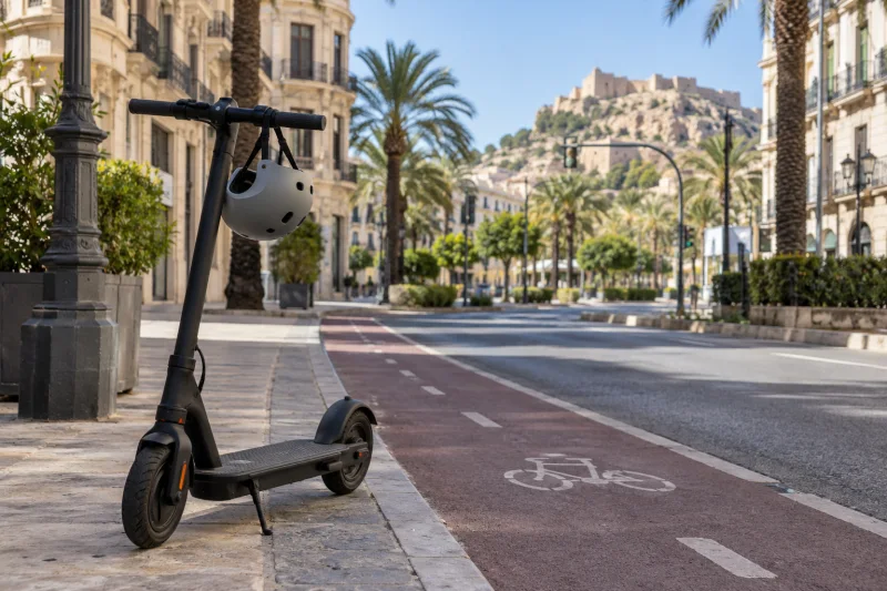 Un patinete eléctrico aparcado junto a un carril bici, con un casco colgado del manillar, en una calle de Alicante con palmeras y fachadas claras al fondo.