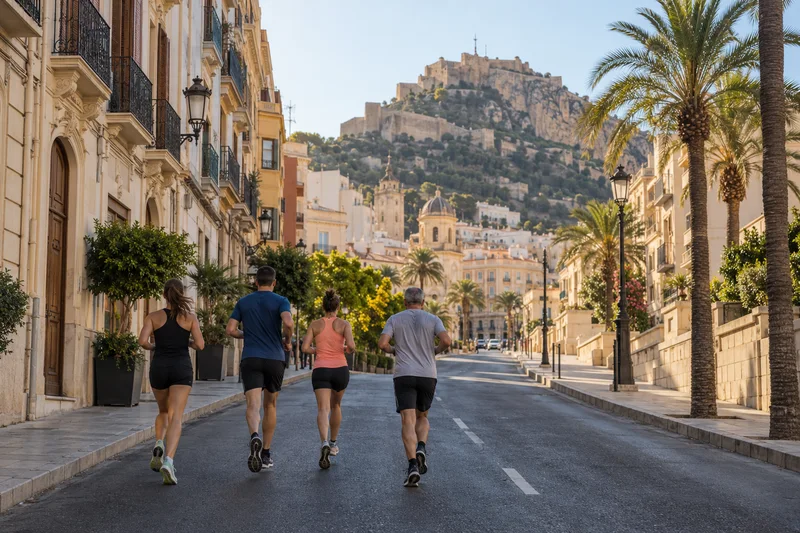 Cuatro corredores avanzan por una calle de Alicante con el castillo de Santa Bárbara al fondo.