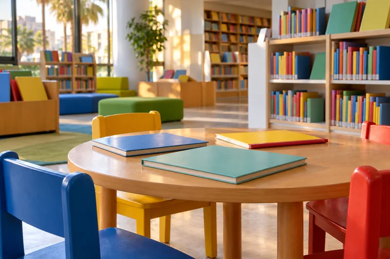 Zona infantil de biblioteca con una mesa de madera, libros de cubiertas lisas, sillas pequeñas de colores y estanterías.