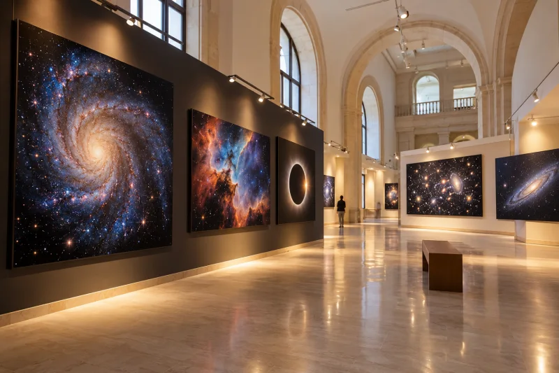 Sala expositiva luminosa con grandes paneles de galaxias y un eclipse solar.
