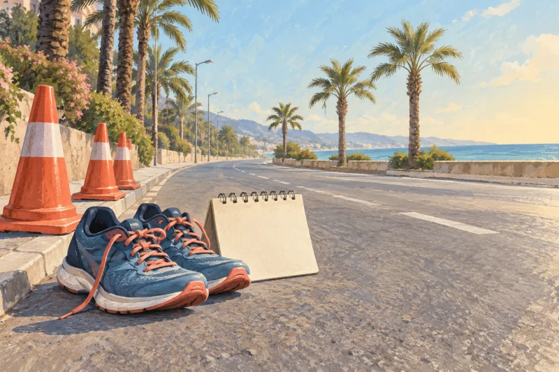 Zapatillas de correr y conos apartados junto a una calzada mediterránea, en una ilustración conceptual del aplazamiento de una carrera.
